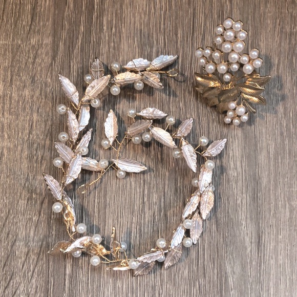 BHLDN bridal hair piece and ring set gold pearl